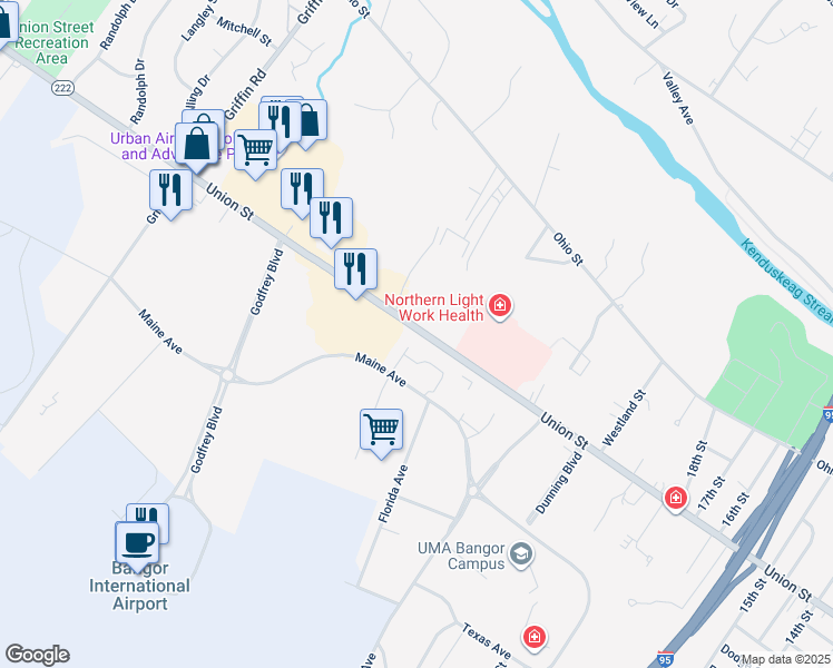 map of restaurants, bars, coffee shops, grocery stores, and more near 977 Union Street in Bangor