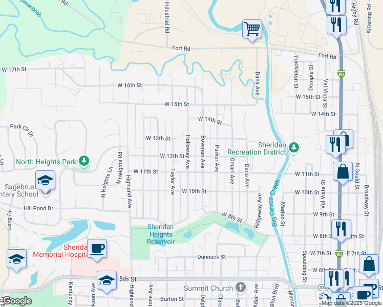 map of restaurants, bars, coffee shops, grocery stores, and more near 1631 Holloway Avenue in Sheridan