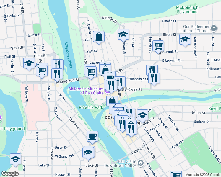 map of restaurants, bars, coffee shops, grocery stores, and more near 225 North Barstow Street in Eau Claire