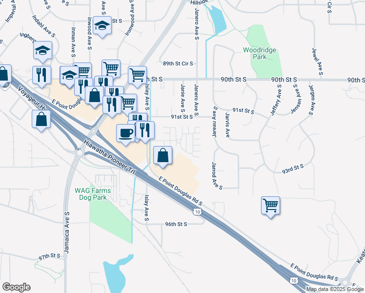 map of restaurants, bars, coffee shops, grocery stores, and more near 8812 92nd Street South in Cottage Grove