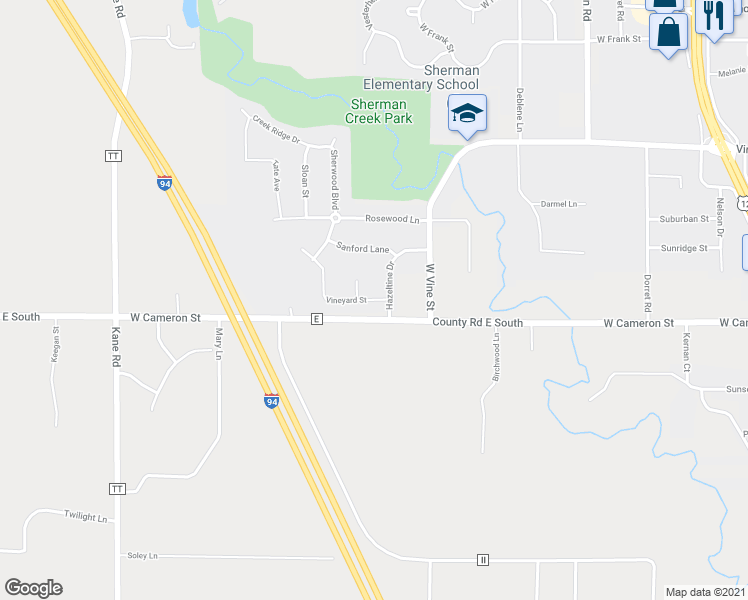 map of restaurants, bars, coffee shops, grocery stores, and more near Vineyard Street in Eau Claire