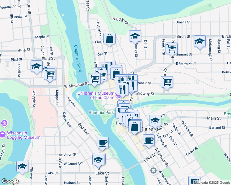 map of restaurants, bars, coffee shops, grocery stores, and more near 225 North Barstow Street in Eau Claire