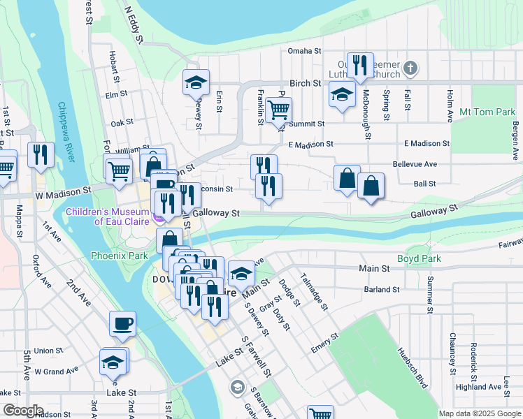 map of restaurants, bars, coffee shops, grocery stores, and more near 118 Putnam Street in Eau Claire