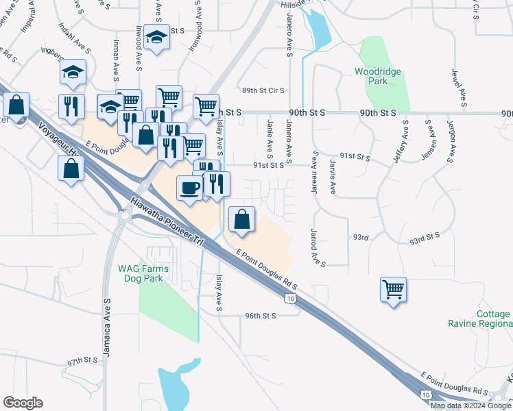 map of restaurants, bars, coffee shops, grocery stores, and more near 8835 92nd Street South in Cottage Grove