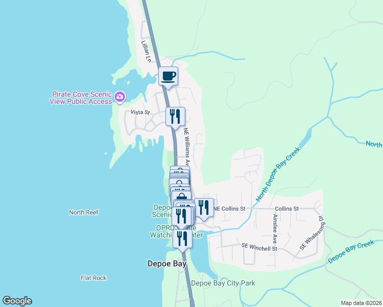 map of restaurants, bars, coffee shops, grocery stores, and more near 128 Northeast Baird Street in Depoe Bay