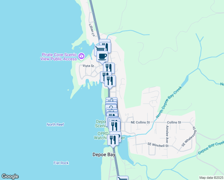 map of restaurants, bars, coffee shops, grocery stores, and more near 302 U.S. 101 in Depoe Bay