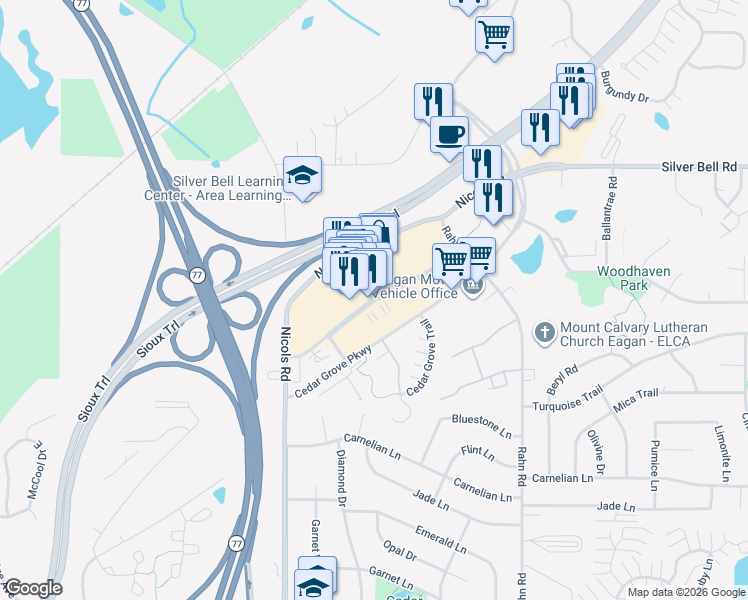 map of restaurants, bars, coffee shops, grocery stores, and more near Eagan Outlets Parkway in Eagan
