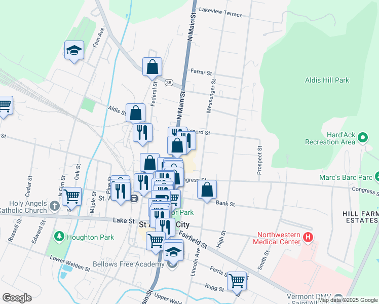 map of restaurants, bars, coffee shops, grocery stores, and more near 133 North Main Street in Saint Albans City