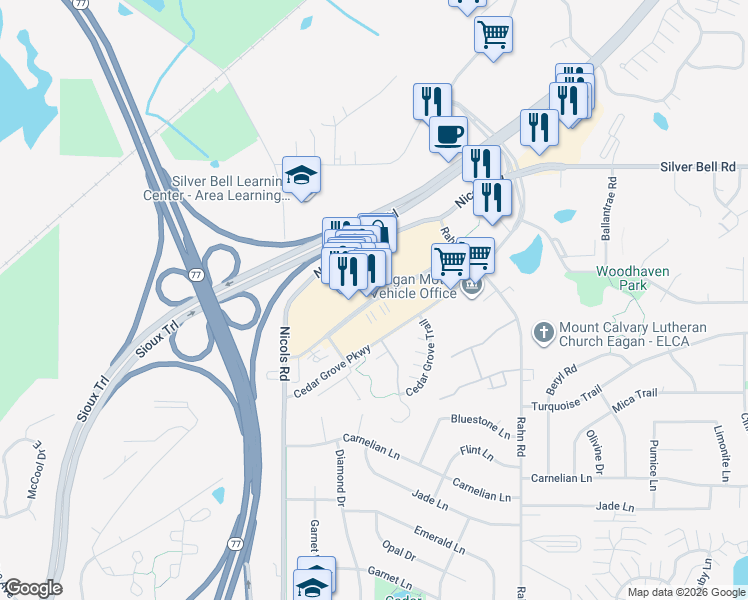 map of restaurants, bars, coffee shops, grocery stores, and more near Eagan Outlets Parkway in Eagan