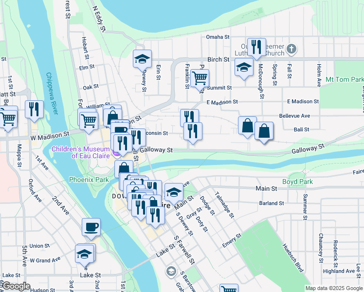 map of restaurants, bars, coffee shops, grocery stores, and more near 118 Putnam Street in Eau Claire
