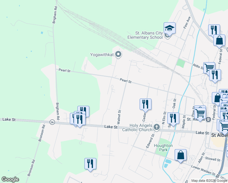 map of restaurants, bars, coffee shops, grocery stores, and more near 43 Adams Street in Saint Albans City