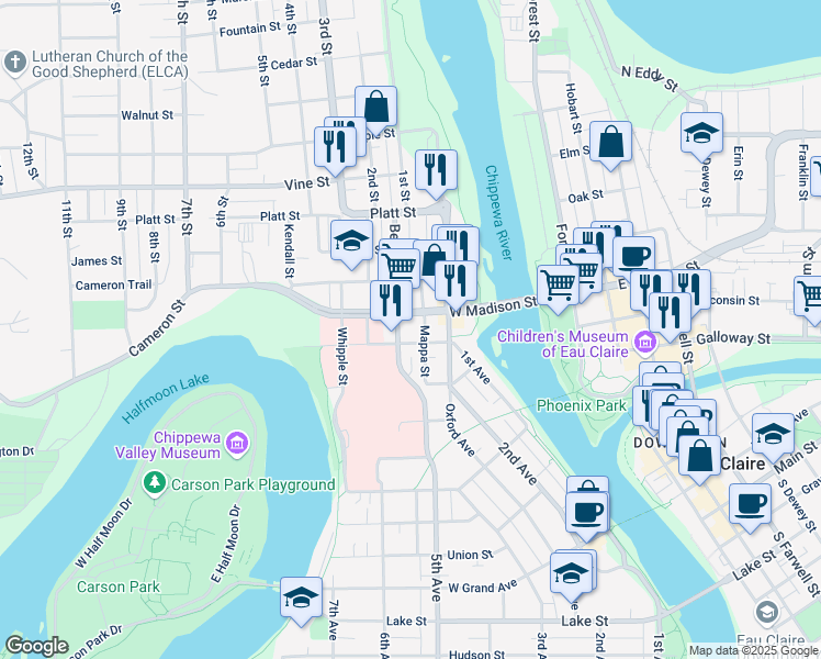 map of restaurants, bars, coffee shops, grocery stores, and more near 206 West Madison Street in Eau Claire