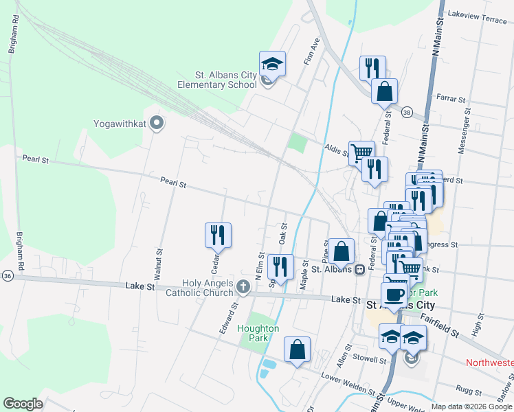 map of restaurants, bars, coffee shops, grocery stores, and more near 64 North Elm Street in Saint Albans City