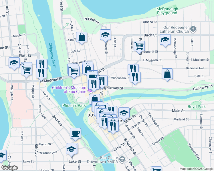 map of restaurants, bars, coffee shops, grocery stores, and more near 613 Wisconsin Street in Eau Claire