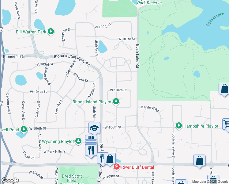 map of restaurants, bars, coffee shops, grocery stores, and more near 7501 West 104th Street in Minneapolis
