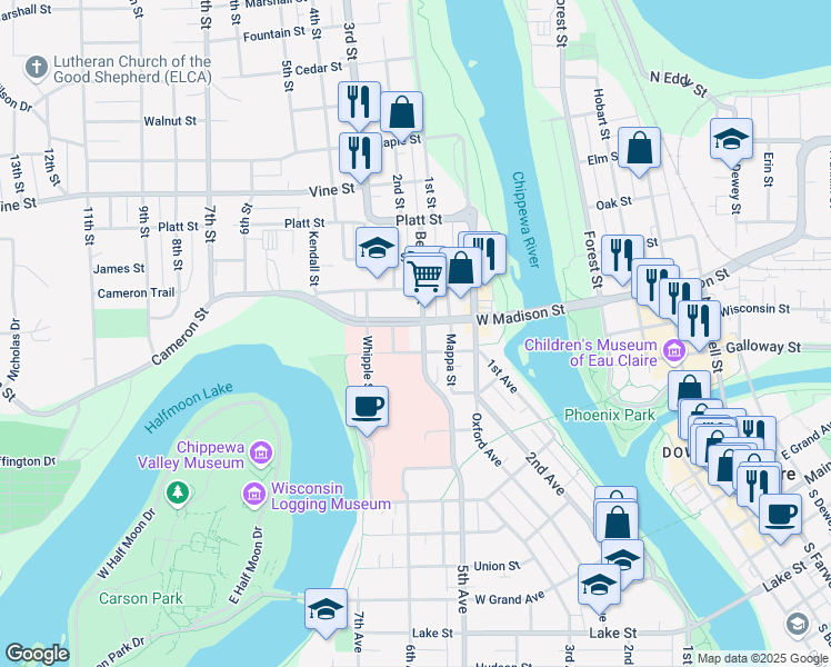 map of restaurants, bars, coffee shops, grocery stores, and more near in Eau Claire