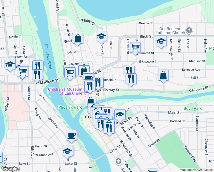 map of restaurants, bars, coffee shops, grocery stores, and more near 613 Wisconsin Street in Eau Claire