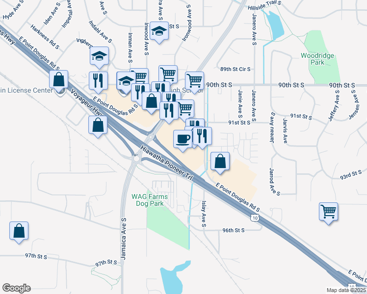 map of restaurants, bars, coffee shops, grocery stores, and more near 8655 East Point Douglas Road South in Cottage Grove
