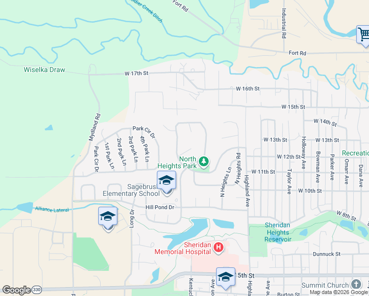 map of restaurants, bars, coffee shops, grocery stores, and more near 1719 North Heights Circle in Sheridan