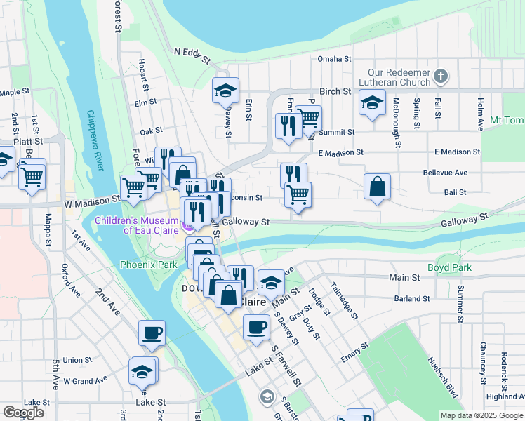 map of restaurants, bars, coffee shops, grocery stores, and more near 649 Wisconsin Street in Eau Claire