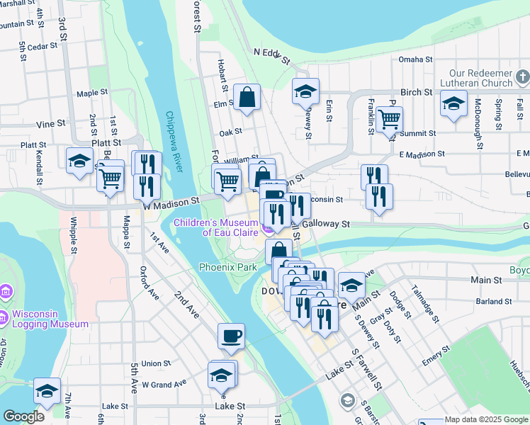 map of restaurants, bars, coffee shops, grocery stores, and more near 225 North Barstow Street in Eau Claire