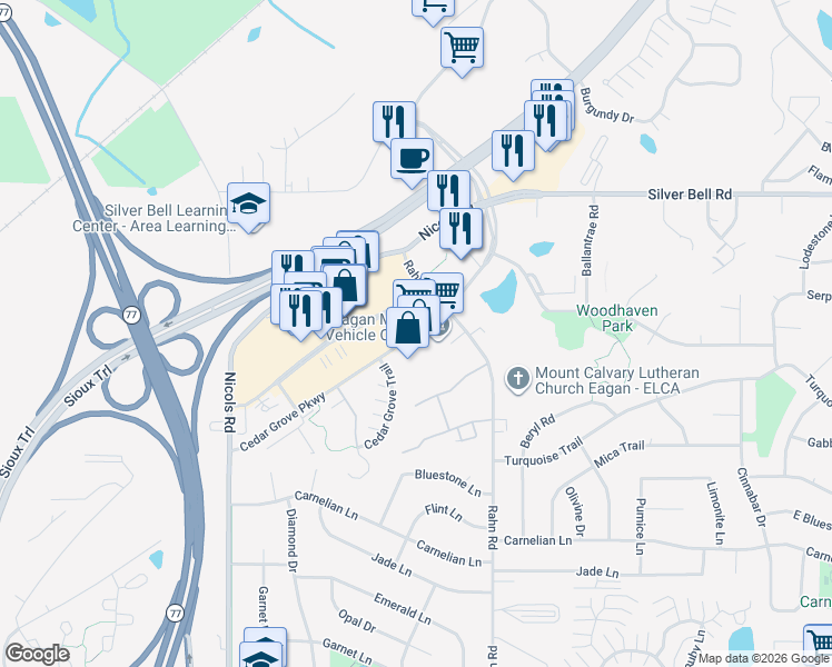 map of restaurants, bars, coffee shops, grocery stores, and more near 3900 Cedar Grove Parkway in Eagan