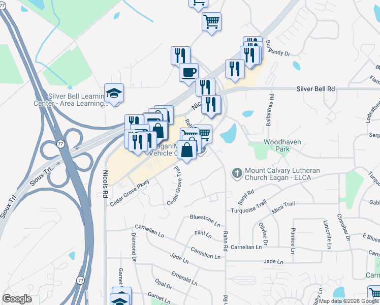 map of restaurants, bars, coffee shops, grocery stores, and more near 3900 Cedar Grove Parkway in Eagan