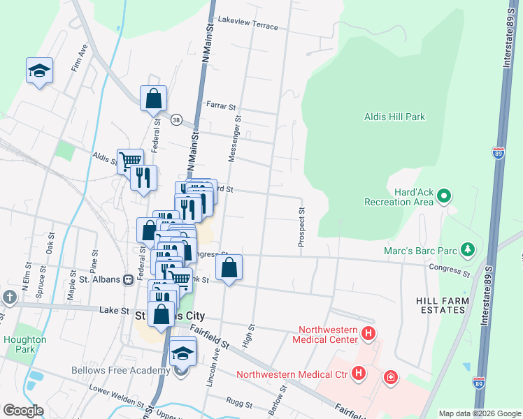 map of restaurants, bars, coffee shops, grocery stores, and more near 40 Brainerd Street in Saint Albans City