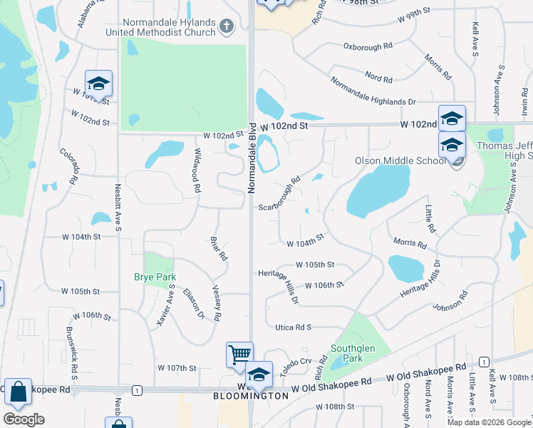 map of restaurants, bars, coffee shops, grocery stores, and more near 10301 Normandale Boulevard in Bloomington