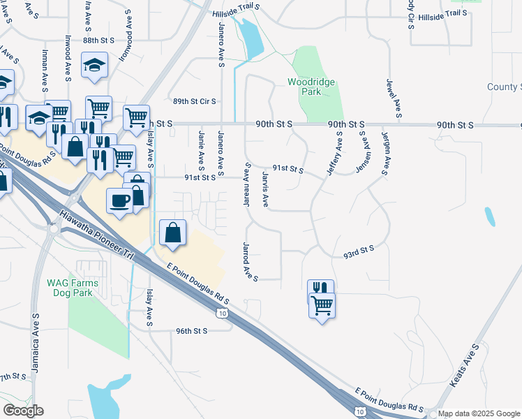 map of restaurants, bars, coffee shops, grocery stores, and more near 9198 Jarvis Avenue in Cottage Grove