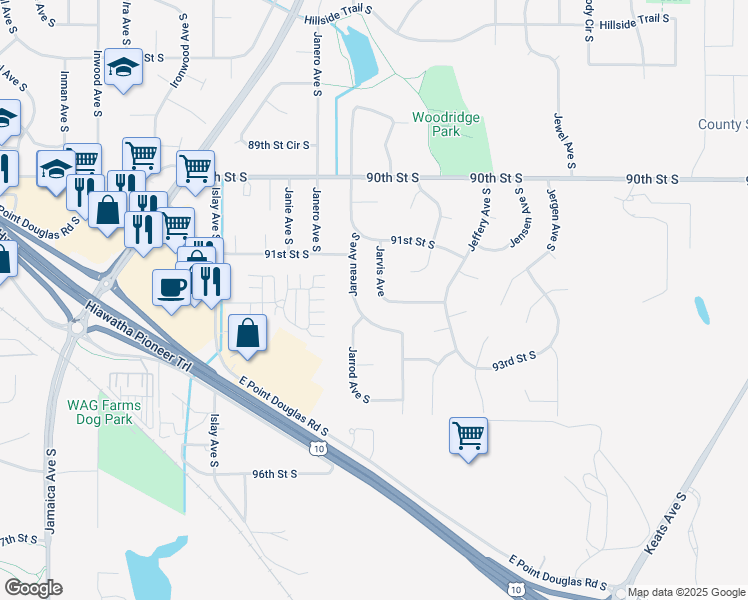 map of restaurants, bars, coffee shops, grocery stores, and more near 9198 Jarvis Avenue in Cottage Grove