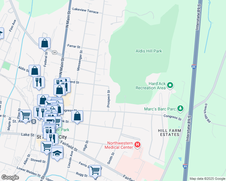 map of restaurants, bars, coffee shops, grocery stores, and more near 34 Prospect Street in Saint Albans City