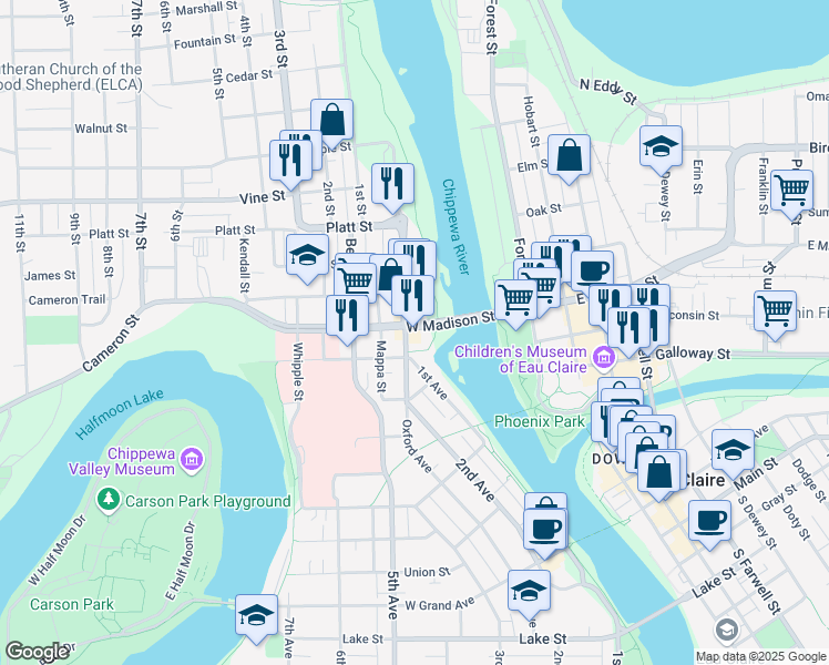 map of restaurants, bars, coffee shops, grocery stores, and more near 97 West Madison Street in Eau Claire
