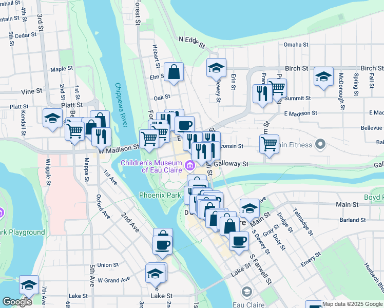 map of restaurants, bars, coffee shops, grocery stores, and more near 225 North Barstow Street in Eau Claire