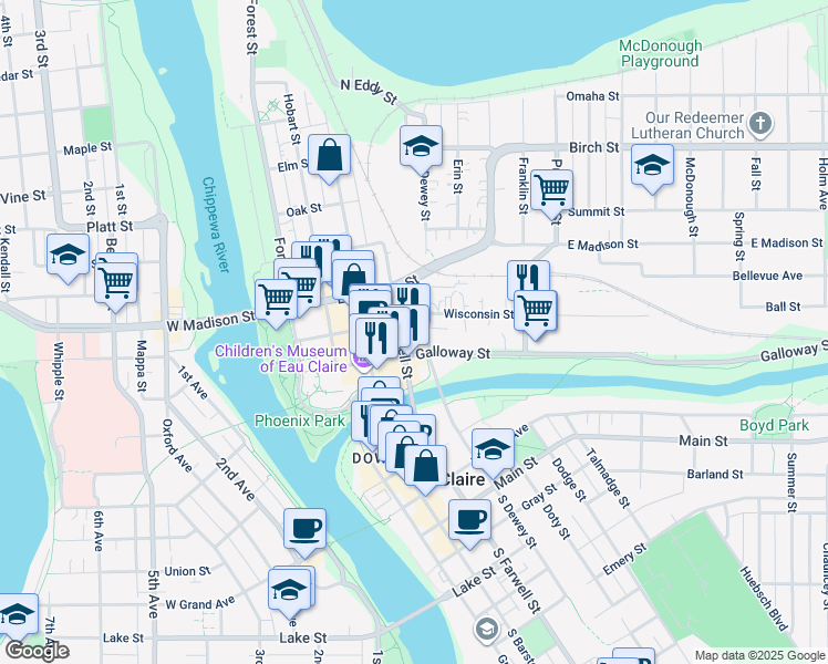 map of restaurants, bars, coffee shops, grocery stores, and more near 501 Wisconsin Street in Eau Claire
