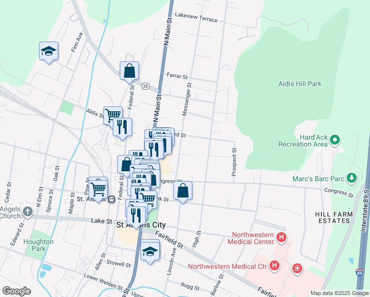 map of restaurants, bars, coffee shops, grocery stores, and more near 27 Messenger Street in Saint Albans City