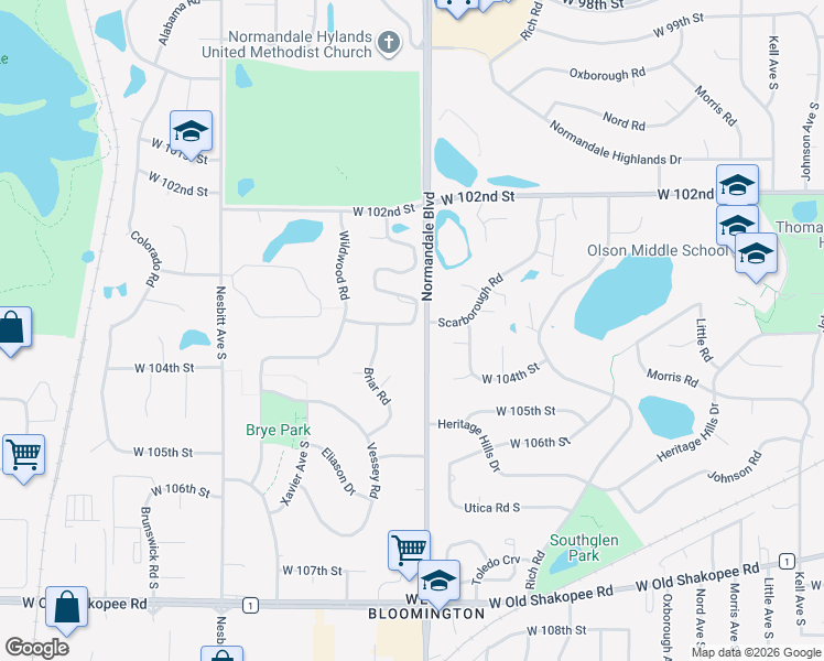 map of restaurants, bars, coffee shops, grocery stores, and more near 10401 Berkshire Road in Minneapolis