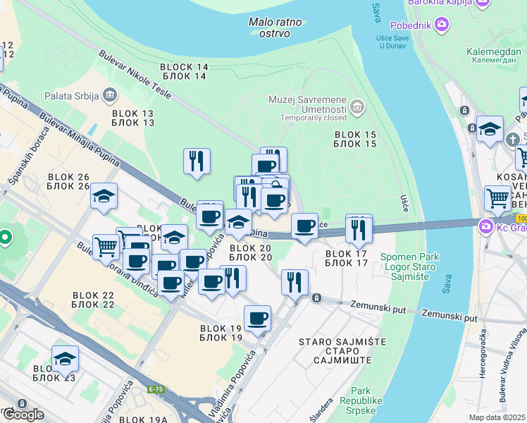 map of restaurants, bars, coffee shops, grocery stores, and more near in Beograd