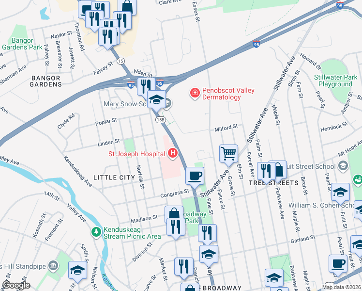 map of restaurants, bars, coffee shops, grocery stores, and more near 379 Broadway in Bangor