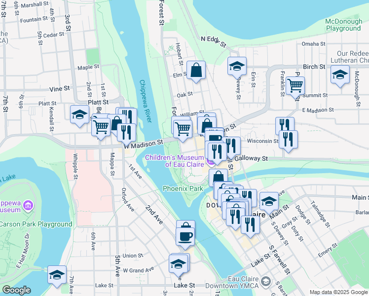 map of restaurants, bars, coffee shops, grocery stores, and more near 315 Riverfront Terrace in Eau Claire