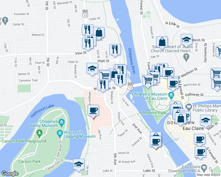 map of restaurants, bars, coffee shops, grocery stores, and more near 221 West Madison Street in Eau Claire