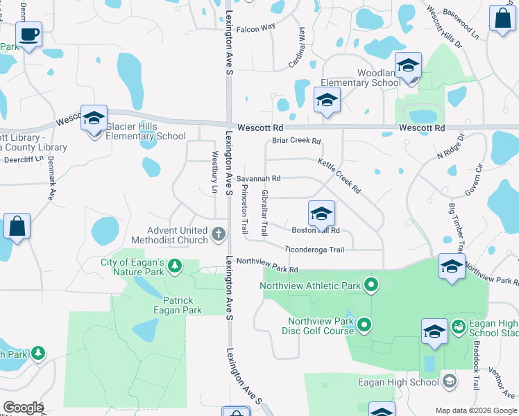 map of restaurants, bars, coffee shops, grocery stores, and more near 3904 Princeton Trail in Eagan