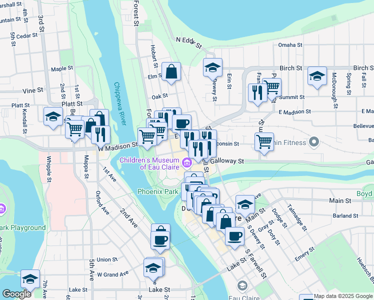 map of restaurants, bars, coffee shops, grocery stores, and more near 398 Wisconsin Street in Eau Claire