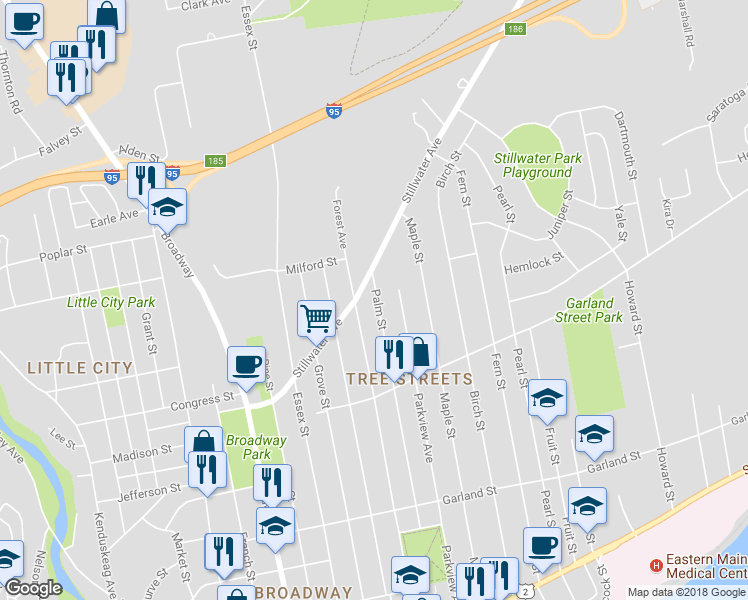map of restaurants, bars, coffee shops, grocery stores, and more near 236 Palm Street in Bangor
