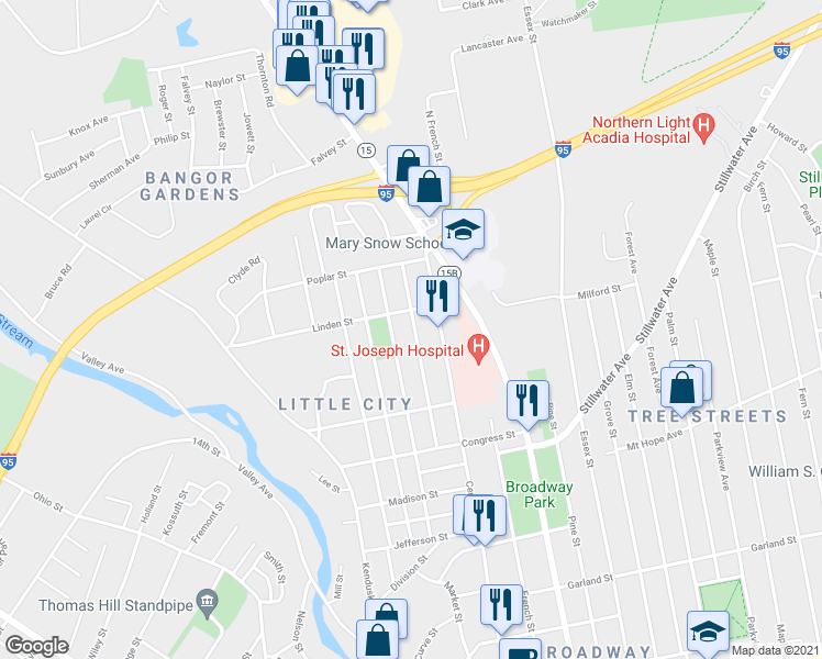 map of restaurants, bars, coffee shops, grocery stores, and more near 92 Grant Street in Bangor