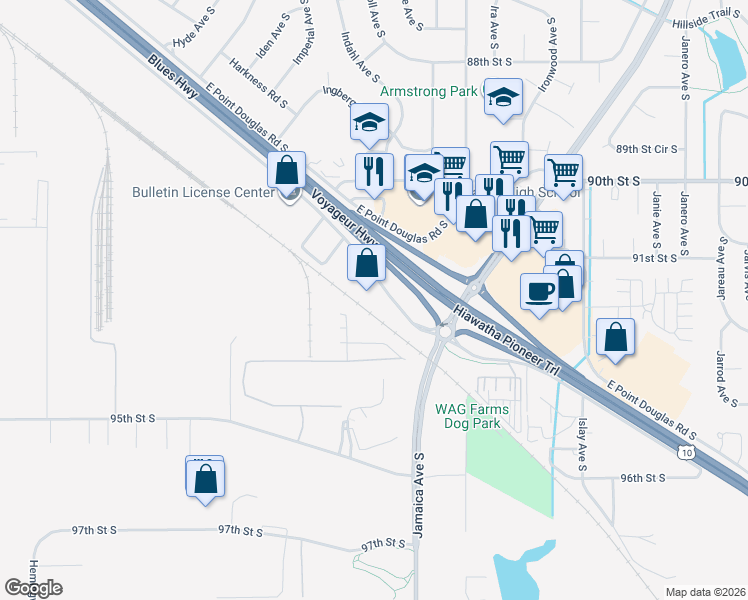 map of restaurants, bars, coffee shops, grocery stores, and more near 8617 West Point Douglas Road South in Cottage Grove