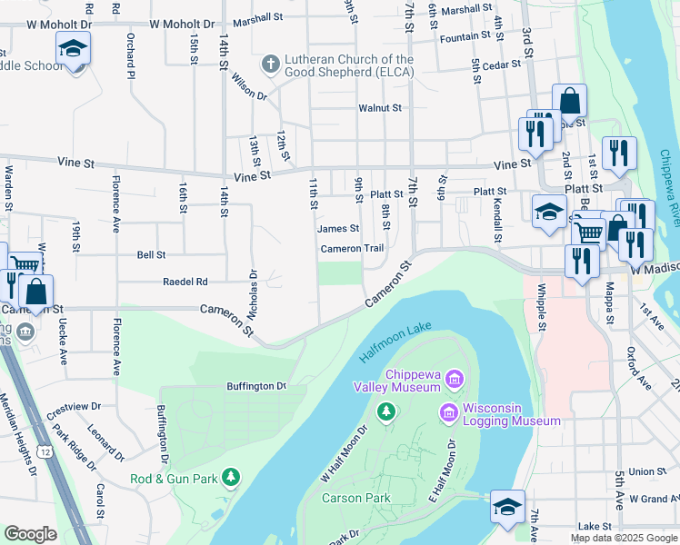 map of restaurants, bars, coffee shops, grocery stores, and more near 1598 9th St in Eau Claire