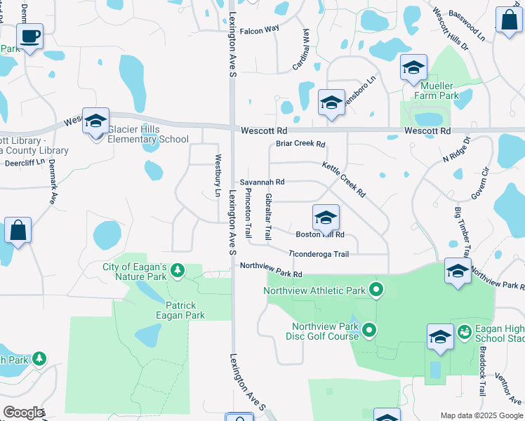 map of restaurants, bars, coffee shops, grocery stores, and more near 3904 Princeton Trail in Eagan