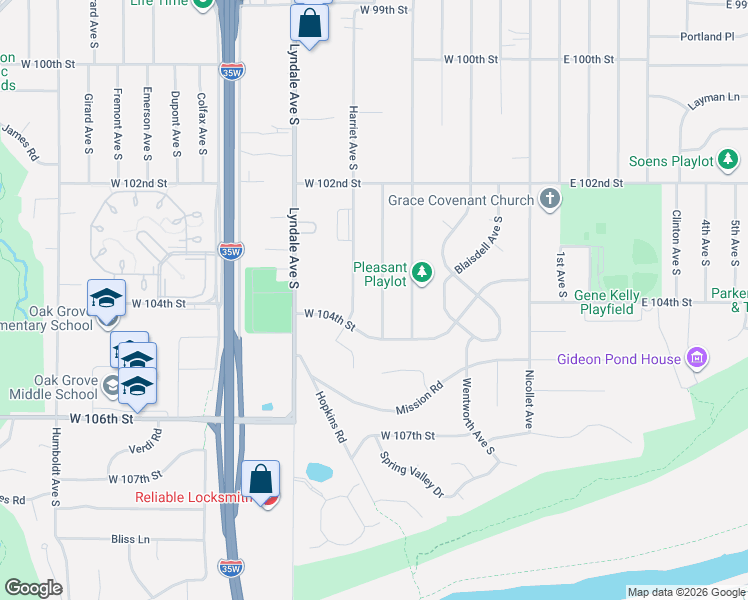 map of restaurants, bars, coffee shops, grocery stores, and more near 10348 Grand Avenue South in Minneapolis