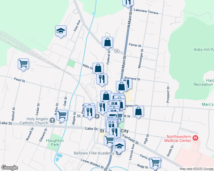 map of restaurants, bars, coffee shops, grocery stores, and more near 145 Federal Street in Saint Albans City